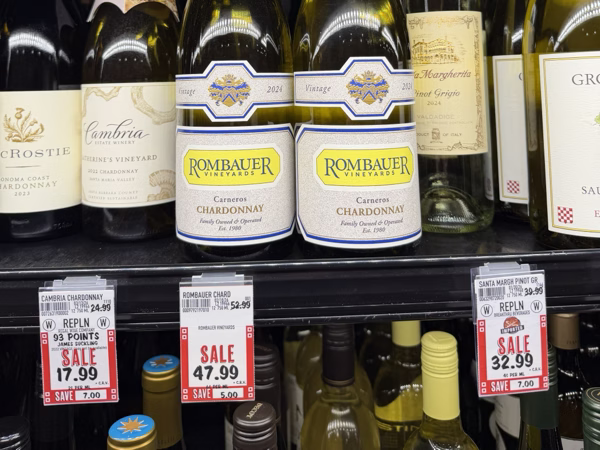 Wine sale tags clearly showing sale prices and regular prices